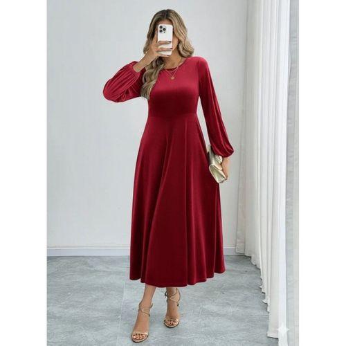 Kadın Uzun Kollu Bisiklet Yaka Midi Kadife Elbise
