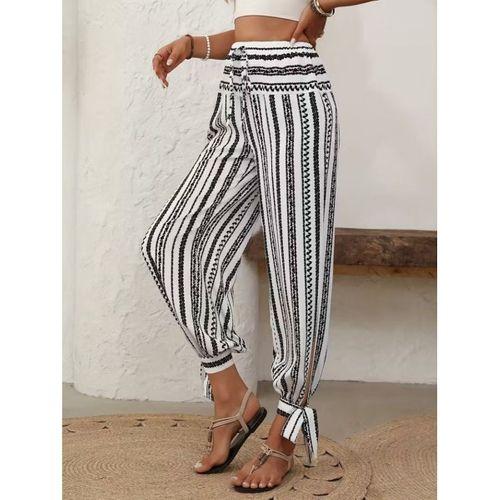 Kadın Yüksek Bel Desenli Paçadan Bağlamalı Yanları Yırtmaçlı Süprem Pantolon