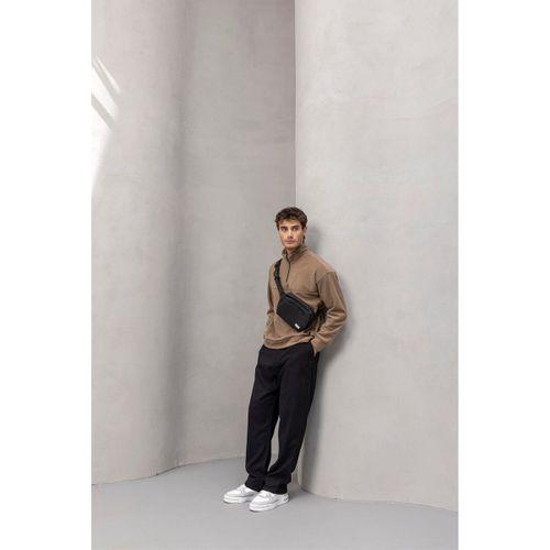 Crowe Şerit Detaylı Yarım Fermuar Polar Sweatshirt Bej - Bezayağı Kumaş Pantolon Siyah