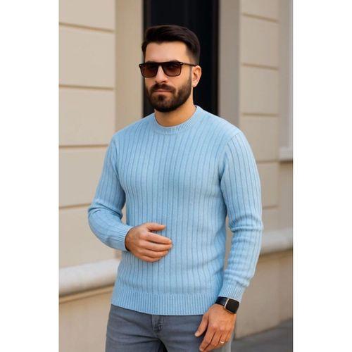 Erkek Bisiklet Yuvarlak Yaka Triko Kazak Pamuklu Kalın Fitilli Dokuma, Regular Fit Uzun Kollu Kışlık Model - Bebe Mavisi