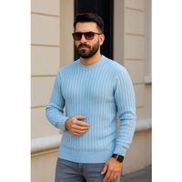 Erkek Bisiklet Yuvarlak Yaka Triko Kazak Pamuklu Kalın Fitilli Dokuma, Regular Fit Uzun Kollu Kışlık Model - Bebe Mavisi
