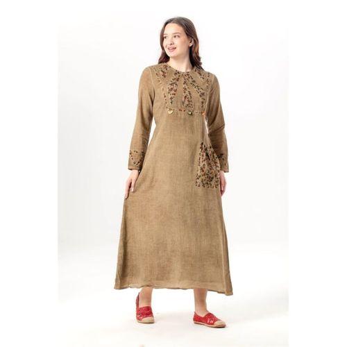 Uzun Kol Sultan Tek Cepli Yazlık Uzun Poplin Elbise Toprak Tprk