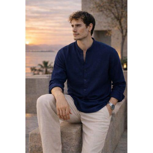 Hafif ve Nefes Alabilir Erkek Müslin Yarım Pat Hakim Yaka Oversize Gömlek - Lacivert