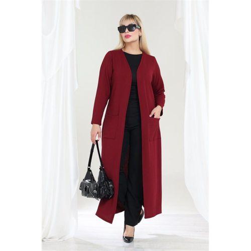 Melsay Butik Büyük Beden Bordo Dokulu Örme Kumaş Uzun Kadın Hırka