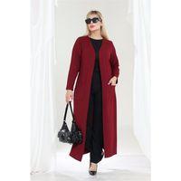 Melsay Butik Büyük Beden Bordo Dokulu Örme Kumaş Uzun Kadın Hırka