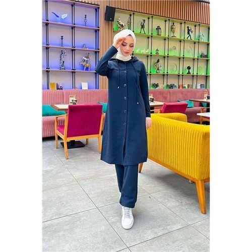 Kapşonlu Düğmeli Sade Basic Uzun Tunik ve Pantolon İkili Spor Takım - 03072.015 - Lacivert