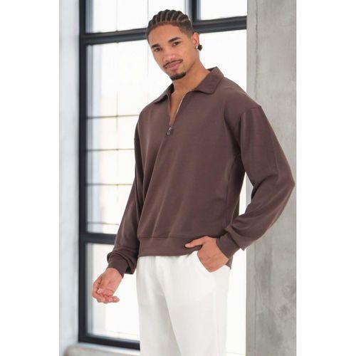 Scuba Modal Kumaş Relaxed Fit Yarım Fermuarlı Polo Yaka Erkek Sweatshirt - Kahve