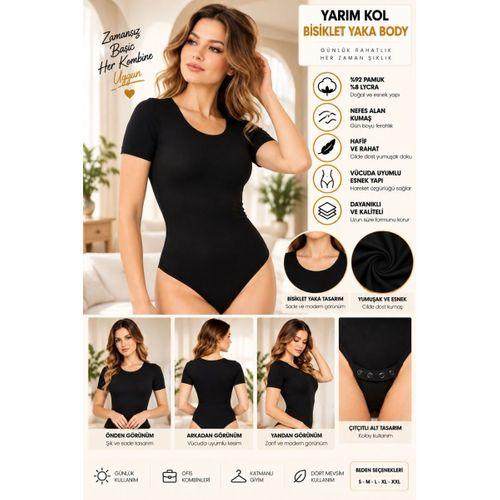 Kadın Yarım Kol Bisiklet Yaka Çıtçıtlı Body Siyah, Esnek Kumaş, Vücuda Oturan Basic Body - ryl - 2721
