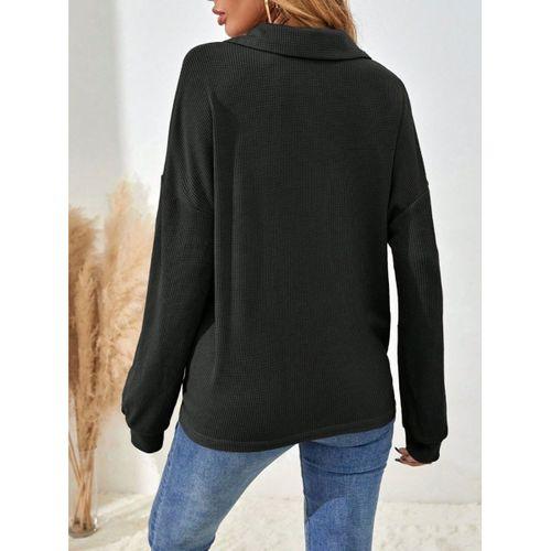 Kadın Uzun Kollu Yakalı Düğmeli Salaş Waffle Bluz