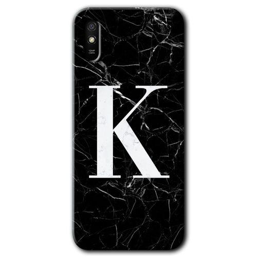 Redmi 9A Kılıf HD Desen Baskılı Arka Kapak - Siyah Mermer Desenli K Harfi
