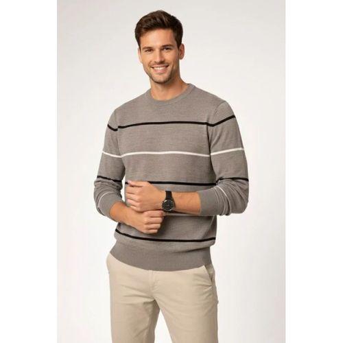 Erkek Bisiklet Yaka Cizgili Triko Kazak Yumuşak Dokulu Pamuklu Ince Dokuma, Uzun Kollu Rahat Regular Kalıp - Gri