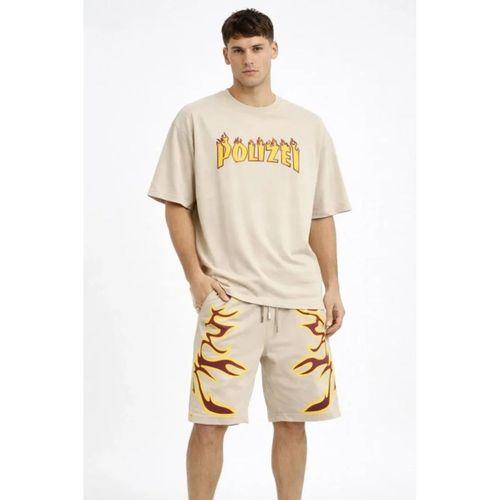 Erkek Bej Oversize Baskılı Tişört Şort Takım Cepli Şort Yazlık Rahat Günlük Kombin - Bej