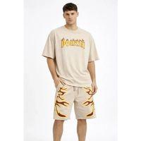 Erkek Bej Oversize Baskılı Tişört Şort Takım Cepli Şort Yazlık Rahat Günlük Kombin - Bej