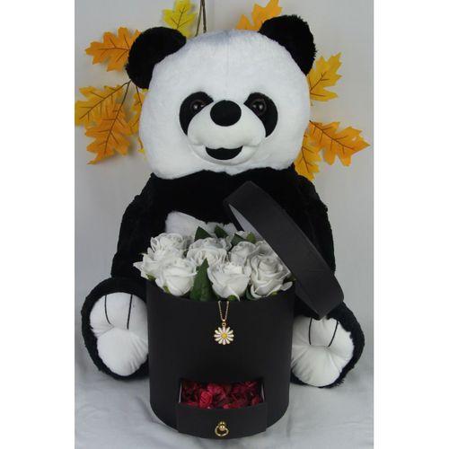 Kutu Dolusu Güller 13 Adet Sevimli Peluş Panda Kaliteli 50 Cm Altın Kaplama Papatya Kolye Hediye