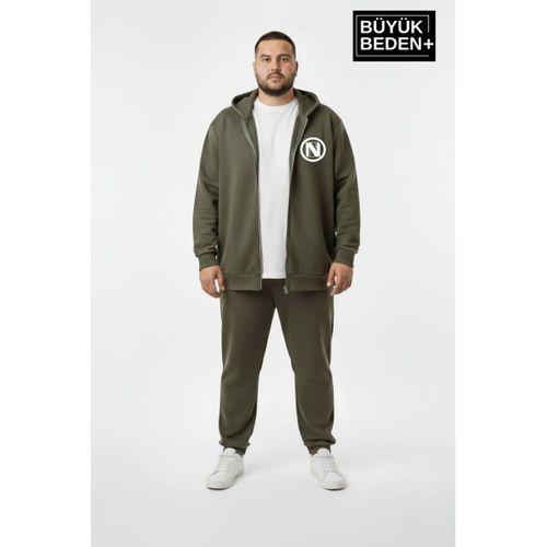 Erkek Büyük Beden Kapüşonlu Fermuarlı N Baskılı Sweatshirt Hırka SPR26BHR922