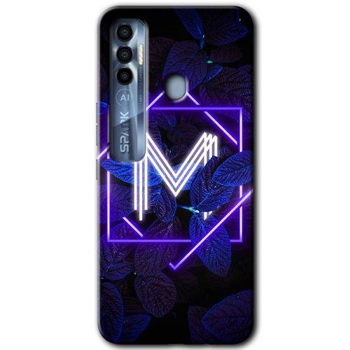 MRCİLETİSİM Tecno Spark 7 Pro Kılıf HD Desen Baskılı Arka Kapak+Temperli Cam - Dark Neon Yaprak M Harfi