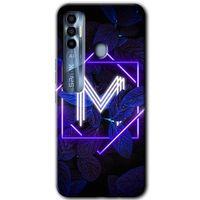 MRCİLETİSİM Tecno Spark 7 Pro Kılıf HD Desen Baskılı Arka Kapak+Temperli Cam - Dark Neon Yaprak M Harfi