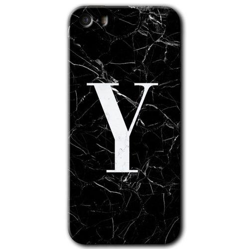 iPhone 5s Kılıf HD Desen Baskılı Arka Kapak + Temperli Cam - Siyah Mermer Desenli Y Harfi