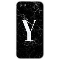 iPhone 5s Kılıf HD Desen Baskılı Arka Kapak + Temperli Cam - Siyah Mermer Desenli Y Harfi