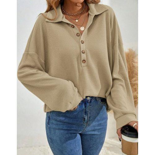Kadın Uzun Kollu Yakalı Düğmeli Salaş Waffle Bluz