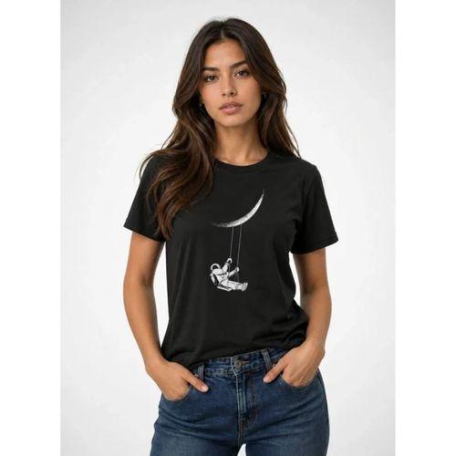 Astronot Ay Temalı Tişört Kısa Kol Yazlık Bisiklet Yaka T-Shirt - Siyah
