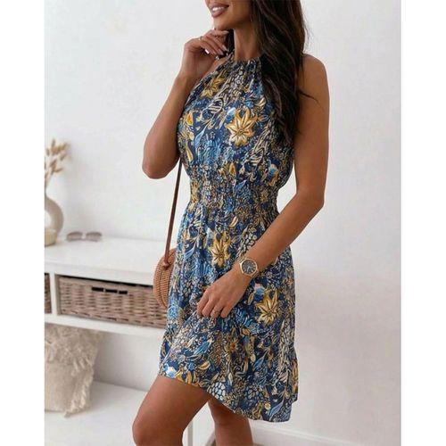 Kadın Omuzlardan Açık Beli Lastikli Desenli Kısa Süprem Elbise