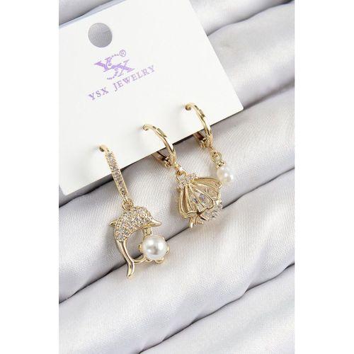 Pirinç Zirkon Taşlı 3'lü Yunus Balığı Ve İstiridye Model Gold Renk Kadın Küpe