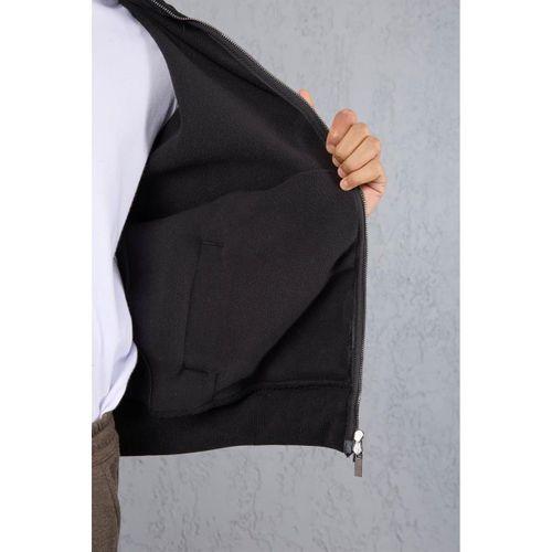 Ron Selanik Örme İçi Peluş Çift Fermuarlı Dik Yaka Erkek Hırka Sweatshirt  - Siyah