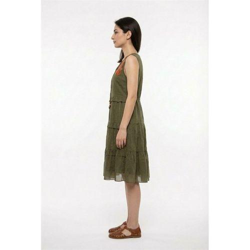 Kolsuz Mina Nakış Detaylı Bağcıklı Yaka Yazlık Vual Elbise Haki Hk