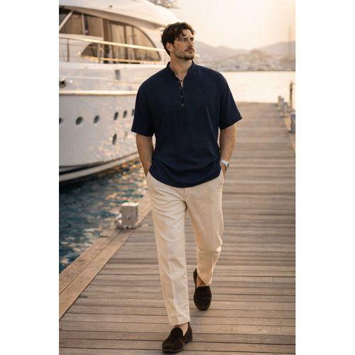 Wes Oversize Yarım Pat Bambu Kısa kol Gömlek - Lacivert