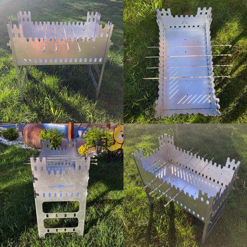 Kamp Ayısı® CastleGrill™ 2mm Galvaniz Çelik, Katlanır, 13 Şiş Kapasiteli Şiş Mangalı ve Ateş Çukuru