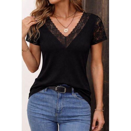 Kadın Kısa Kollu V Yakalı Dantelli Viskon Bluz