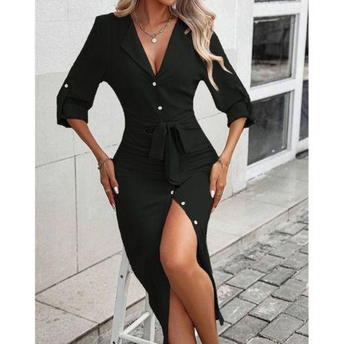 Kadın Uzun Kollu önden Düğmeli Beli Kuşaklı Aerobin Midi Elbise