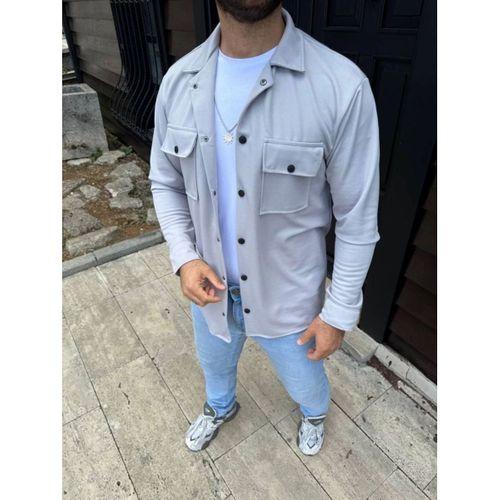 Erkek Diagonal Kumaş Cepli Çıtçıtlı Uzun Kollu, Gömlek Oversize Rahat Kalıp Günlük Şık Stil - Gri