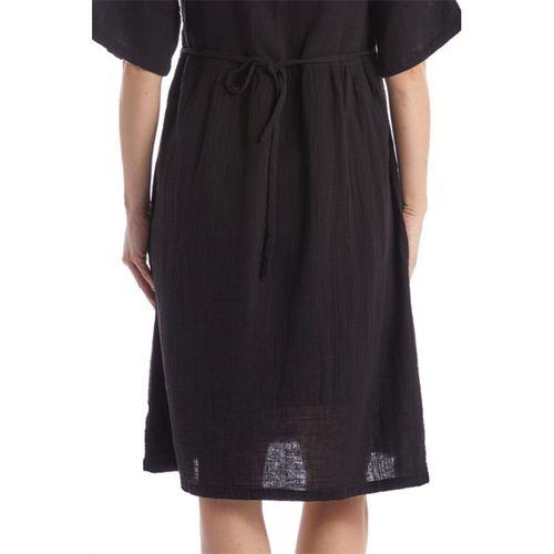 Kısa Kol Siyah V Yaka Nakışlı Midi Boy Müslin Yazlık Elbise