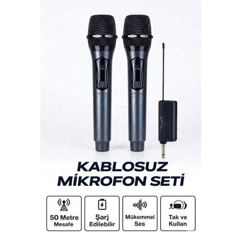 Profesyonel Çiftli Kablosuz Mikrofon Seti Karaoke Şarj Edilebilir 50 Metre