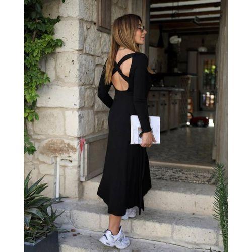 Kadın Uzun Kollu Bisiklet Yaka Arkası çapraz Detaylı Viskon Iki Iplik Maxi Elbise