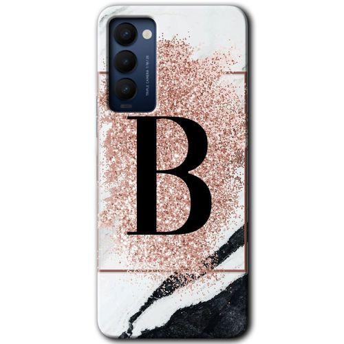 MRCİLETİSİM Tecno Camon 18 Kılıf HD Desen Baskılı Arka Kapak+Temperli Cam - Pembe Mermer Desenli B Harfi