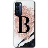 MRCİLETİSİM Tecno Camon 18 Kılıf HD Desen Baskılı Arka Kapak+Temperli Cam - Pembe Mermer Desenli B Harfi