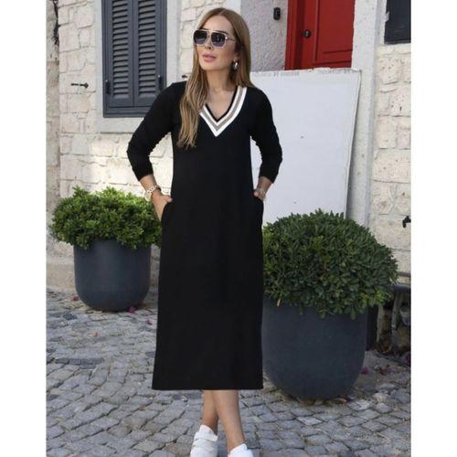 Kadın Uzun Kollu V şerit Yakalı Viskon Iki Iplik Elbise