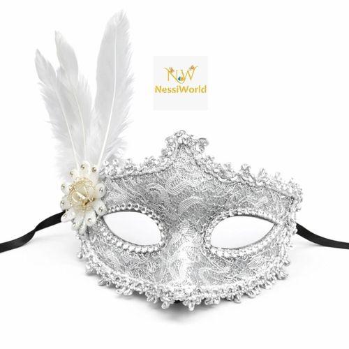 Lüks Beyaz Tüylü Venedik Maskesi – Taşlı Dantel Tasarım