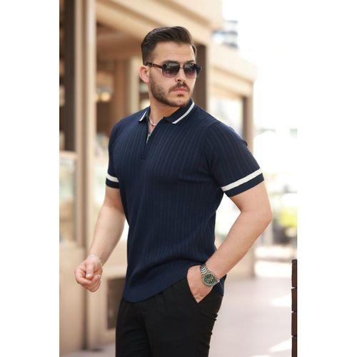 Erkek Yaka Ve Kolları çizgi Detaylı Fermuarlı Kısa Kollu T-shirt