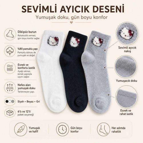 Kadın Sevimli Kedi Desenli Bilek Çorap 12'lı | %80 Pamuklu Dikişsiz, Siyah Beyaz Gri