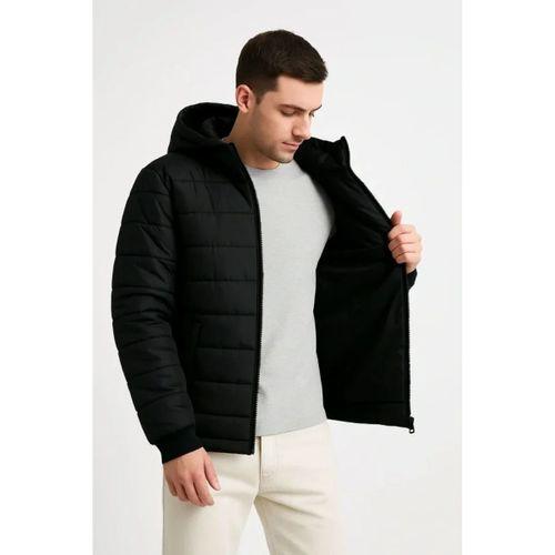 Erkek Şişme Kapüşonlu Fermuarlı Mont Su Itici Kapitone Astarlı Kumaş Cepli Kışlık Rahat Kalıp - Siyah