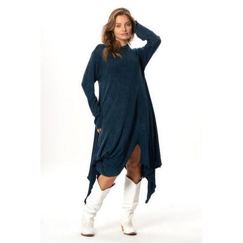 Uzun Kol Handan Asimetrik Kesim Sonbahar ve Kışlık Dökümlü Midi Boy Triko Elbise İndigo indg