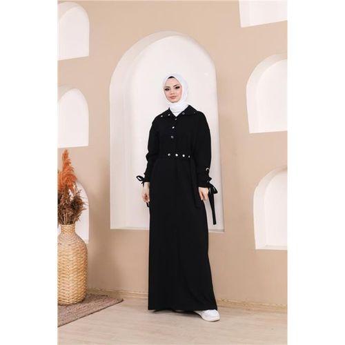 Belden Bağlamalı Çıtçıtlı Kol Şerit Detaylı Uzun Elbise - 71183.003 - Siyah