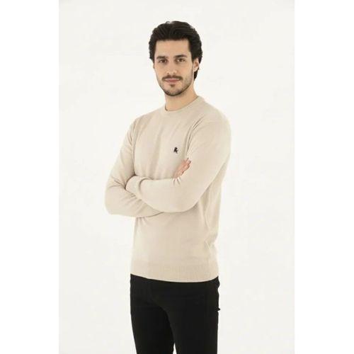 Erkek Bisiklet Yaka Nakış Işlemeli Triko Kazak Yumuşak Dokulu Pamuklu Ince Dokuma, Uzun Kollu Rahat Regular Kalıp - Bej