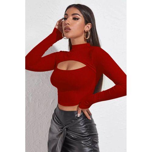 Kadın Kırmızı Göğüs Dekolteli Uzun Kollu Cut Out Crop Top Bluz