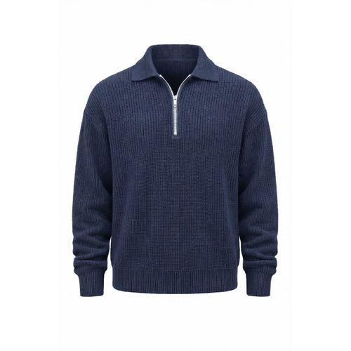 Gibson Oversize Yarım Fermuar Gömlek Polo Yaka Selanik Örme Erkek Triko Kazak - İndigo