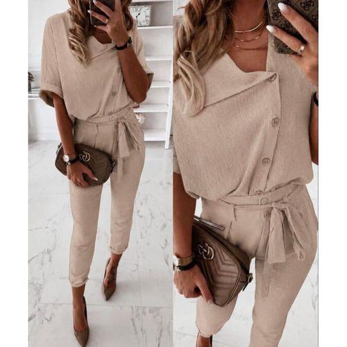 Kadın Kısa Kollu Yakalı önden Düğmeli Bürümcük Bluz Ve Pantolon Ikili Takım